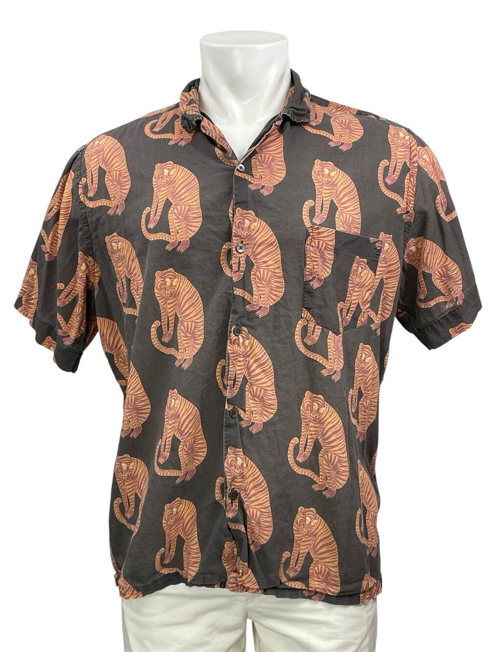 Desmond & Dempsey Mens Multicolor Tiger Graphic Short Sleeve Button Down Shirt L